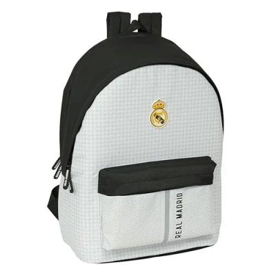 Imagen de Safta REAL MADRID 1ª EQUIPACIÓN 24/25 Mochila para Portátil 15.6&quot; y USB, Ideal Jóvenes de Diferentes Edades, Tejido Reciclado, Cómoda Versátil, 31x18x44 cm, Color Blanco/gris