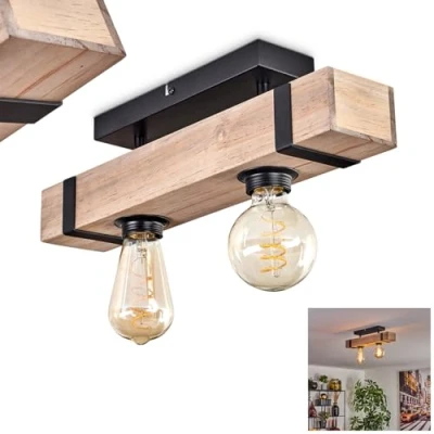 Imagen de hofstein lámpara de techo Montgomery, moderna metal/madera en color negro/natural, luminaria diseño industrial con vigas madera, 2 luces, x E27, sin bombillas