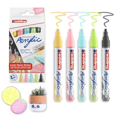 Imagen de edding 5100 marcador acrílico de trazo medio surtido (pastel) juego 5 rotuladores acrílicos resistentes al agua punta redonda 2 3 mm pintura acrílica para lienzo, madera y piedra