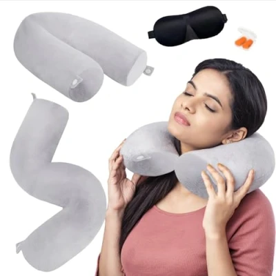 Imagen de Almohada Cervical Viaje, Descanso, Ajustable Cojin Avion Cuello, Multi Puede Doblarse Viaje con Cremallera para Coche, Tren, Cama, Oficina, Máscara de Ojos (Gris)