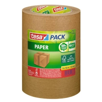 Imagen de tesapack Papel ecoLogo Cinta de Embalaje Amigable con el Medio Ambiente, 60 Prozent Material Origen Biológico Marrón 50 m x mm, Paquete 3 Cintas