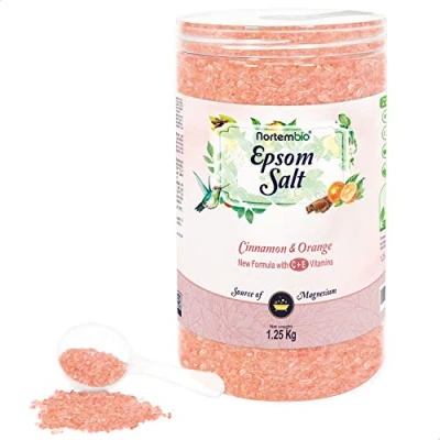 Imagen de Nortembio Sal de Epsom 1,25 Kg. Fragancia Canela Naranja. Baño Hidratada con Vitamina C y E. Relajación Músculos, Aromaterapia Buen Sueño. E Book Incluido.