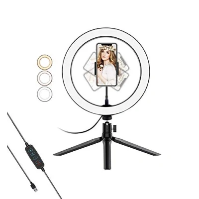 Imagen de Pritech Luz de Anillo LED 10&quot; 26CM fotográfica Escritorio, 3 Colores 10 Brillos Regulables Control Remoto, Trípode con Soporte Giratorio teléfono para Selfie, Maquillaje, Youtube, TIK Tok