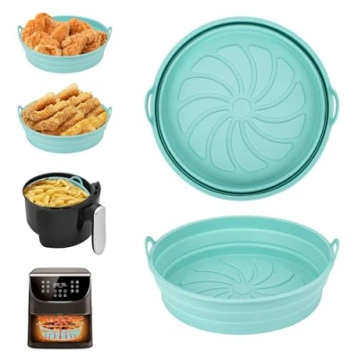 Imagen de Alyvisun Moldes Silicona Freidora de Aire, 2 Piezas Recipientes Accesorios para sin Aceite Reutilizable Bandeja Redondo Utensilios Cesta Air Fryer, Microondas, Horno (Azul)
