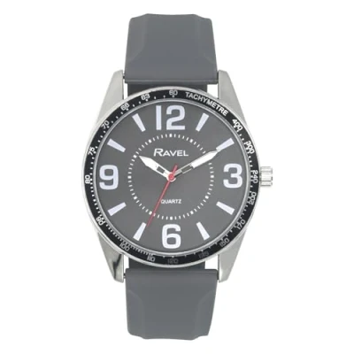 Imagen de Ravel Reloj de Hombre con Números Grandes en Tono Plateado y aro Superior Negro Correa Deportiva Silicona Cuarzo Analógico RS001.13 Gris