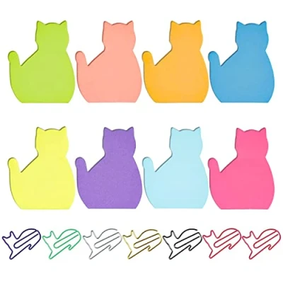 Imagen de 240 hojas de notas adhesivas en forma gato, con 7 clips animales dibujos animados, oficina colores, autoadhesivas, aptas para oficinas y familias