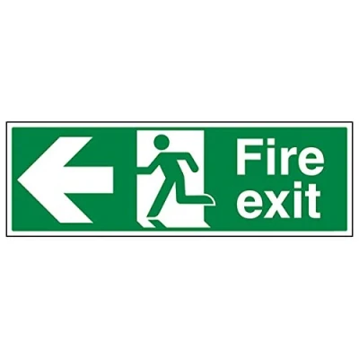 Imagen de Señal de salida incendios a la izquierda, en inglés, VSafety Signs (14003BJ R), con lema «Fire Exit»; plástico rígido, horizontal, 450 x 150 mm color verde