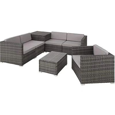Imagen de TecTake® Conjunto Jardín de Ratán, Muebles Exterior 5 Sillones, 1 Mesa con Cristal, Caja Almacenamiento, Terraza Resistente a la Intemperie, Cojines, Estructura en Acero Gris