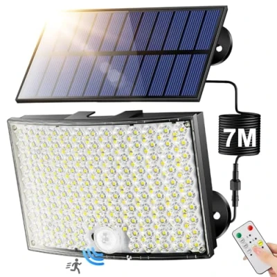 Imagen de Luces Solares Led Exterior Jardin, [268LED/5Modos/7M] Luz Solar con Sensor de Movimiento, 2200mAh Focos Solares, Remoto Foco Exterior, IP65 Jardin,Garaje