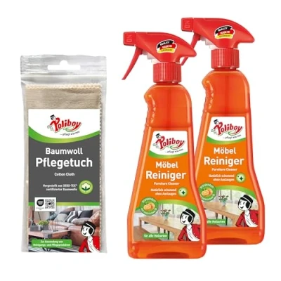 Imagen de limpiador de muebles Polliboy, suave madera para el cuidado muebles, con aroma a naranja, 2 x 375 ml paño algodón, fabricado en Alemania