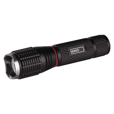 Imagen de EMOS Linterna LED de Metal con Zoom Correa Mano e imán, 3 Modos luz, máx. 230 lúmenes, Alcance hasta 210 m, Funciona Pilas, Negro