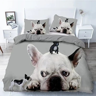 Imagen de Funda Nordica Cama 90 Bulldog Frances Juego de Edredon 135x200 cm con 1 Almohada 50x75 cm, Ropa 100% Microfibra, Suave y Transpirable