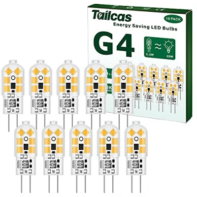 Imagen de Tailcas 1,2W G4 LED Bombilla 12V, 10 Pezzi, Blanco Calido 3000K, 120LM Bulbo Equivalente Halógeno Bi Pin 10W, Sin Parpadeo, No Regulable, Ahorro de Energía