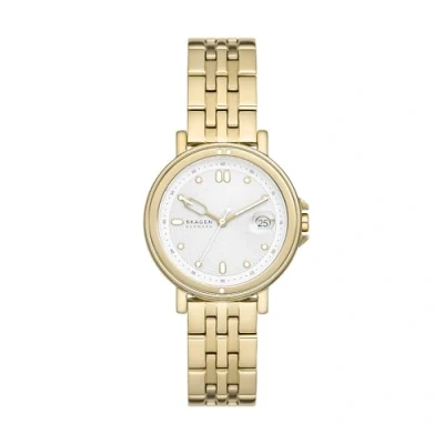 Imagen de Skagen Signatur reloj para mujer, movimiento de cuarzo con correa acero o piel, Tono oro y blanco, 34MM