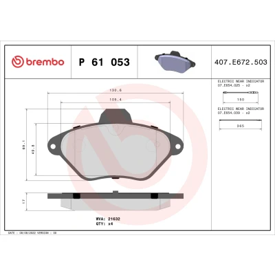 Imagen de BREMBO P 61 053 Juego de pastillas freno con contacto avisador desgaste sin accesorios CITROËN: Xantia Hatchback, Familiar