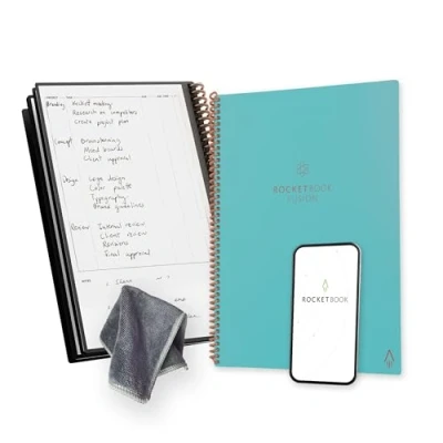 Imagen de Rocketbook Fusion Agenda de Productividad Sin fechas Reutilizable, Tamaño A4, 21 cm x 29,7 cm, Turquesa Objetivos, Calendario Mensual y Semanal, Listas Tareas Diarias, Páginas Rayas Puntos