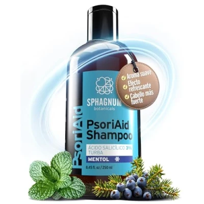 Imagen de NUEVO 2025 Sphagnum Botanicals Champú Natural para Psoriasis Tratamiento Cuero Cabelludo Seco y con Picazón Mentol, Ácido Salicílico 3% Barro de Turba. Alivio Caspa Eczema, 250 ml