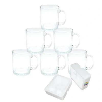 Imagen de MR.R 11oz Juego de 6 tazas vidrio transparente en blanco para sublimación, agua leche cerveza café con asa impresión transferencia calor