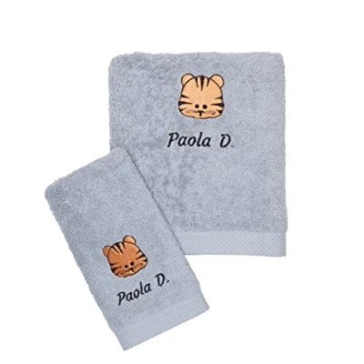Imagen de CARREDANA Toallas Bordadas Personalizadas con Animales (Personaliza Nombre,Tipo de Letra, Animal y Color).Toallas para guarderia Regalo Personalizado (Toalla Gris Plata)