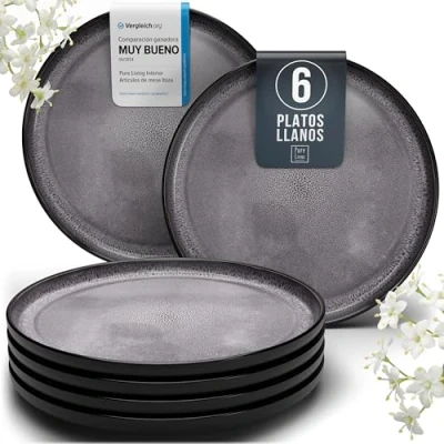 Imagen de Juego de 6 Platos Grandes Gres Ibiza Elegantes para Comida, Apto Lavavajillas y Microondas Set Vajilla Personas Pure Living en gris oscuro