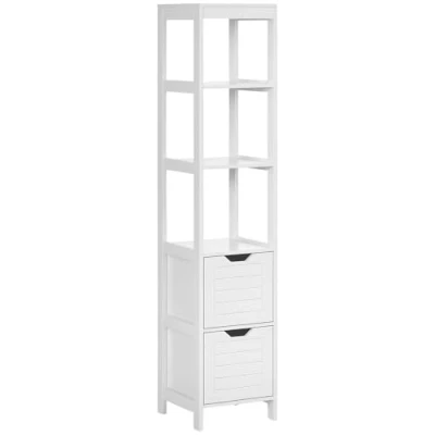 Imagen de kleankin Armario Alto de Baño Multiusos Mueble Columna con 3 Estantes Abiertos y 2 Cajones Almacenaje Diseño Antivuelco 30x30x144 cm Blanco
