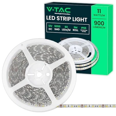 Imagen de V TAC Tira LED para Exterior Impermeable IP65 5 Metros 11W SMD 5050 4000K Blanco Neutro Brillante con Cinta Adhesiva y Flexible Jardín, Patio, Habitación 12V