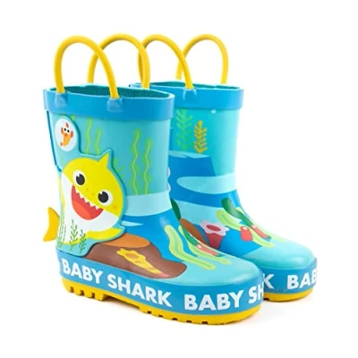 Imagen de Baby Shark Wellies Niños pequeños Niñas Animado Cantando Tiburón Canción Familiar Rain Wellington Boots con 3D Fin Zapatos azules amarillos resistentes al agua para caminar