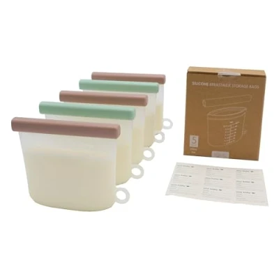 Imagen de bolsas de almacenamiento leche materna silicona, paquete 5 reutilizables para lactancia, sin BPA, silicona grado alimenticio y capacidad 210 ml, doble sellado evitar fugas,