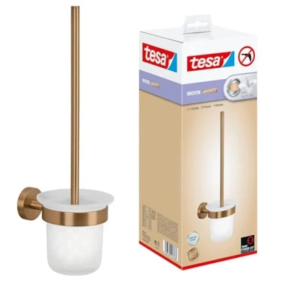 Imagen de tesa Moon Set de Baño Escobilla y Soporte Autoadhesivo Metal Revestido PVD, Cepillados en Bronce Base Vidrio Satinado sin Taladrar, Incl. Solución Adhesiva 379 mm x 112 145