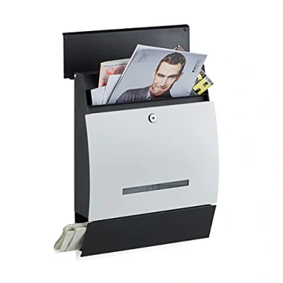 Imagen de Relaxdays Buzón Correos Exterior con Compartimento Periódico, De Pared, Acero, 1 Ud, 45 x 35 11 cm, Negro y Blanco