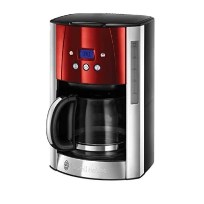 Imagen de Russell Hobbs Cafetera de Goteo Luna Red 12 Tazas, Jarra Cristal 1,8L, Programable, Soporte Filtro Lavable, Tecnología Rociado Avanzada, Acero Inoxidable, Plata y Rojo 23240 56
