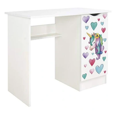Imagen de leomark Escritorio de Oficina con el Compartimiento Roma/Dim: 90/50/77 (Alto) cm/Mesa Ordenador para Niños, Blanco/Unicornio, Mesa Madera Trabajo o Estudio
