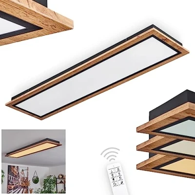 Imagen de Plafón LED Salmi, lámpara de techo regulable metal/MDF/plástico en negro/madera/marrón/blanco, mando a distancia, 36 W, 4000 K, 2700 6500 lumen, memoria, luz nocturna