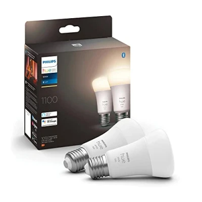 Imagen de Philips Hue Bombilla LED Inteligente, A60 E27, Luz Blanca Cálida Regulable, 9.5W (E1. 75W) 1100 lúmens, Compatible con Alexa y Google Home Pack de 2 Bombillas Inteligentes