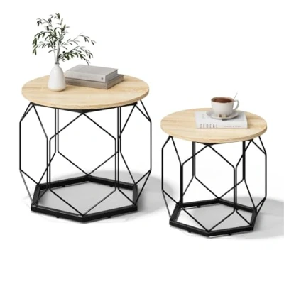 Imagen de WOLTU Juego de 2 Mesitas Cafe, Mesa Auxiliar con Tablero Redondo, Centro en Estructura Metálica, Ideal para Salon y Dormitorio, Madera Vintage+Negro, BTS05hov