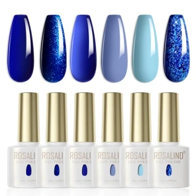 Imagen de ROSALIND Esmaltes Semipermanentes Para Uñas,6 Colores azul Marino Lago pálido Glitter,Pintauñas Soak Off UV/LED Gel Uñas Diy Manicura Nail Art Set