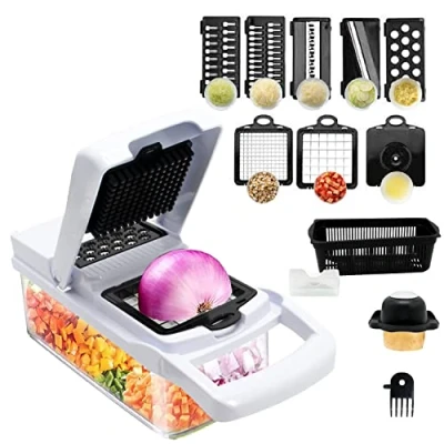 Imagen de MAGIC SELECT Cortador de verdura Manual, Mandolina Cocina Multifuncional 13 en 1 2 Cuchillas, 7 Rebanadoras Rallador, Separador Huevo y Escurridor, Cuchillas Acero Inoxidable.