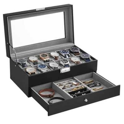 Imagen de SONGMICS Caja de Reloj, Estuche Reloj con Tapa Cristal 2 Niveles para 12 Relojes, Cerradura, 1 CajÓn, Anillos Pulseras, Regalo Ideal, Cuero SintÉtico Negro y Forro Gris JWB012G01