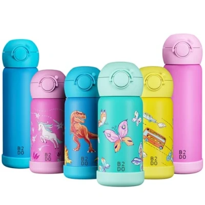 Imagen de B2DO Botella de agua acero inoxidable 316 con doble aislamiento 350 ml Butterfly Termo para niños anti fugas el colegio pajita sin BPA