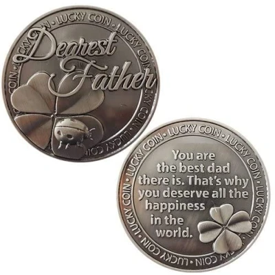 Imagen de QUEAMBLER Lucky Coin Dearest Father, Querido Padre Buena Suerte Monedas Mensaje Grabado Recuerdo Set de Regalo Charm