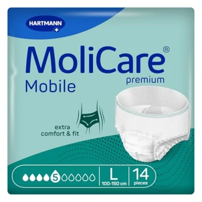 Imagen de Molicare Mobile 5 Gotas Talla L, Ropa Interior Absorbente para Mujeres y Hombres con Incontinencia Moderada, Protección Contra Fugas, Respetuosa la Piel, Mejor Ajuste Corporal, 14 uds