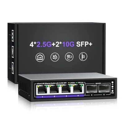 Imagen de 6 Puertos 2.5Gb Conmutador Ethernet no administrado, 4 Base T de 2.5G, 2 10G SFP+, Compatible con 100/1000/2500Mbps, Red NICGIGA 2.5Gbe para Ap inalámbrico, NAS, PC