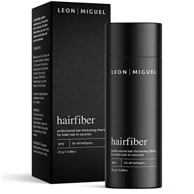 Imagen de LEON MIGUEL Hair Fiber Fibras Capilares Keratin Fibers 100% Natural para Disimular Calvicie y Aumentar el volumen. Maquillaje Capilar por hombres mujeres 25 Gramos Neto (GRIS)