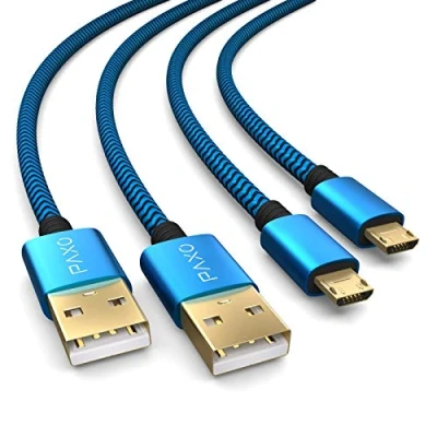 Imagen de PAXO 2x 2m Cable de carga para PS4 Controller, Micro USB carga, USB, Nylon, Cubierta tela, Enchufe aluminio, Azul Negro