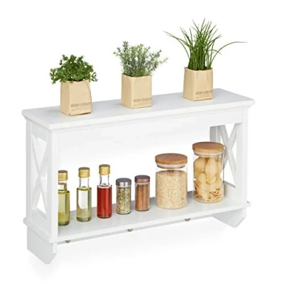 Imagen de Relaxdays Pared con 3 Ganchos de Metal, 2 Baldas Estilo Campestre, Estantería Cocina, 40x66x20 cm, Blanco