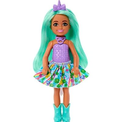 Imagen de Barbie Mu eca Chelsea inspirada en unicornios con pelo verde, juguetes de unicornio, diadema cuerno y cola desmontable