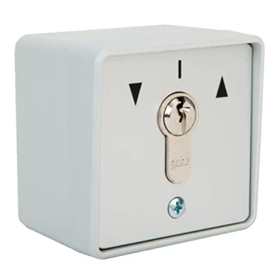 Imagen de geba Interruptor de llave plástico para montaje en pared + empotrable, semicilindro perfil (no intercambiable), panel frontal aluminio IP54, 2 botones, funcionamiento por impulso dos