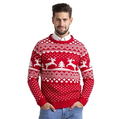Imagen de BlauerHafen Jersey de Navidad para hombre manga larga punto cuello redondo Crew suéter, rojo, M