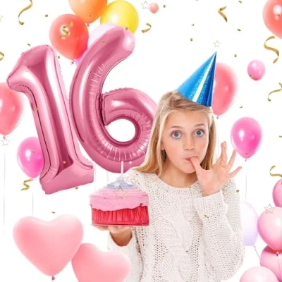 Imagen de Globos de 16 cumpleaños,Rosa pulgadas Globo número, decoraciones número cumpleaños para hombre y mujer, inflable lámina Rosa