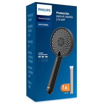 Imagen de Filtro de agua para ducha Philips, Protege tu piel y cabello, Elimina eficazmente el cloro otras partículas grandes, Tres modos rociado, Capacidad filtrado 1 mes, Negro